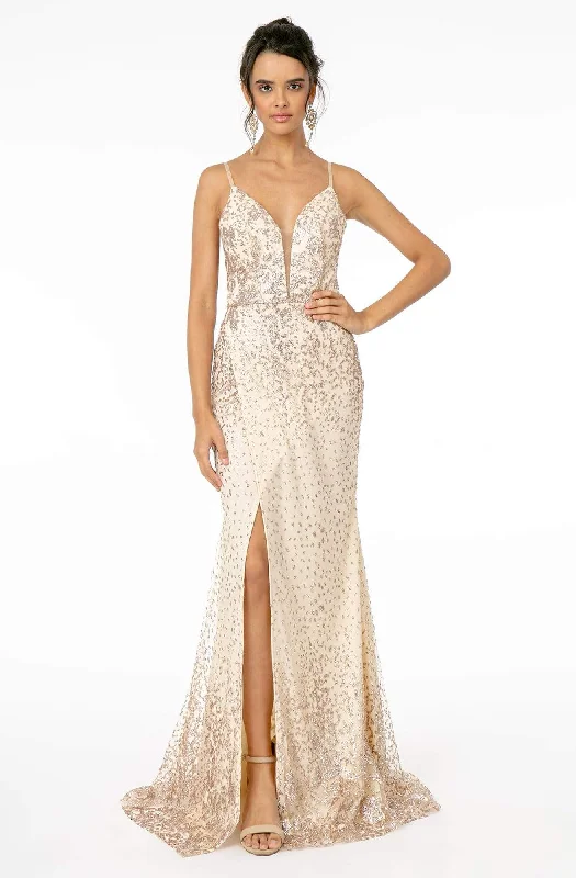 Sporty Comfort Elizabeth K - GL1844 Illusion Deep V-Neck Glitter Mesh High Slit Gown