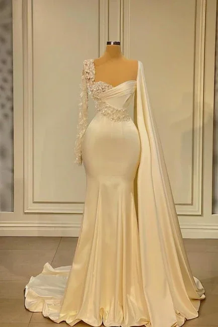 Cozy Knits Ivory Long Sleeves Beading Mermaid Long Prom Dress Formal Party Dress,DP975