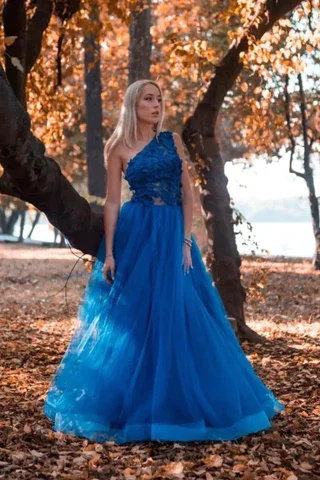 Warm Comfort Blue One Shoulder Tulle Appliques Long Prom Dress,DP958