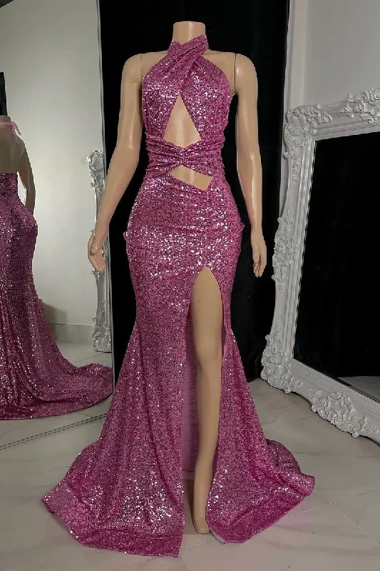 Soft Layers Sparkle Halter Sequined Backless Long Prom Dress with Slit,DP980