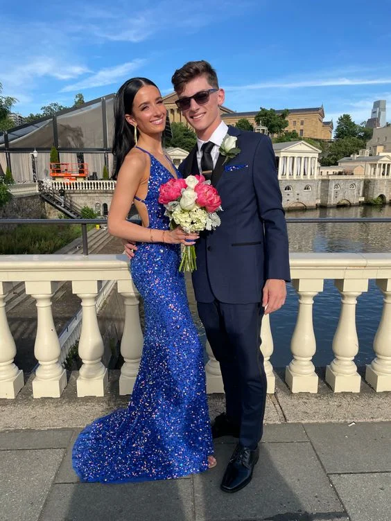 Stylish Jackets Royal Blue Sequined Mermaid Backless Prom Dress,DP939