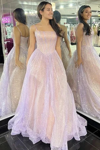 Smart Comfort Shiny Spaghetti Straps A-Line Sparkle Prom Dress,DP959