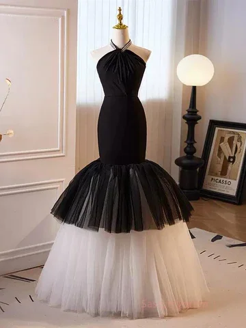Fashionable Ease Black and White Halter Mermaid Tulle Long Prom Dress,DP957