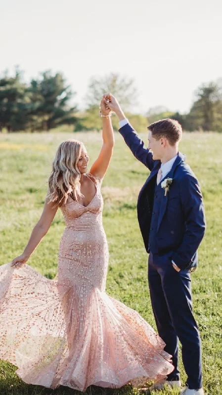 Modern Chic Light Pink Tulle Lace Mermaid Long Prom Dress,DP943