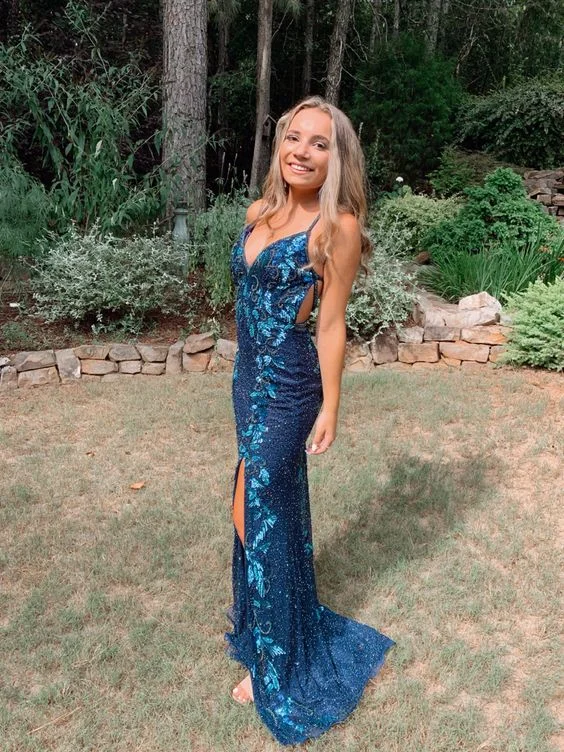 Elegant Wear Dark Teal Appliques Long Prom Dress with Slit,DP945