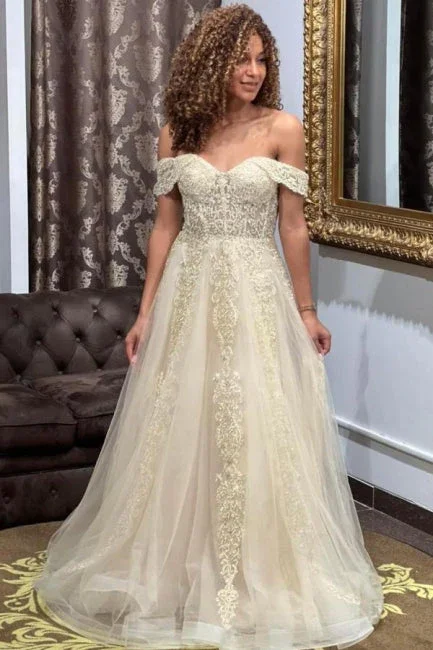 Cozy Fashion Ivory Off Shoulder Appliques A-Line Tulle Long Party Dress,DP977