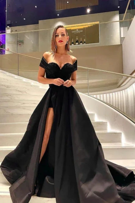 Sporty Comfort Black A-Line Off Shoulder Sweep Train Long Prom Dress with Slit,DP974