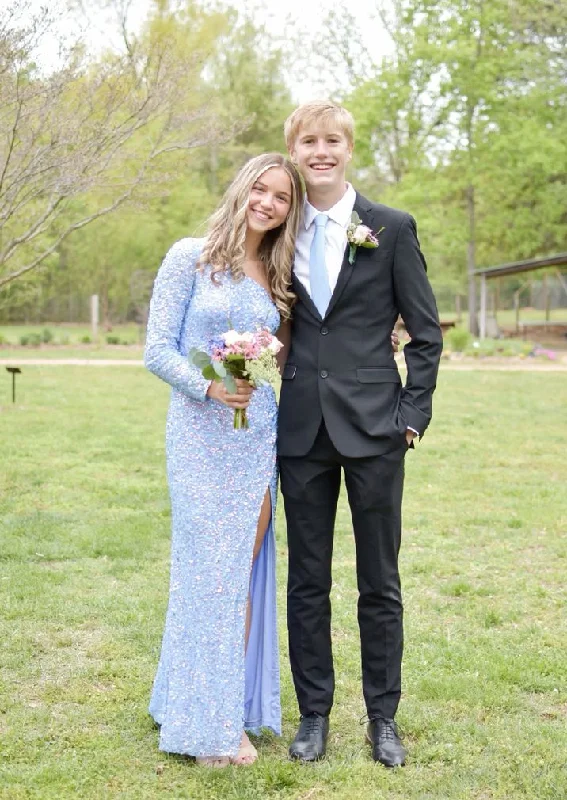 Effortless Elegance Light Blue One Shoulder Sequined Long Prom Dress with Slit,DP953
