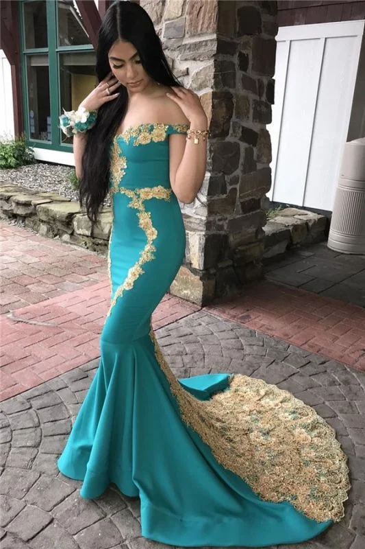 Comfy Dress Blue Off-The-Shoulder Mermaid African Prom Dress with Gold Appliques,DP938