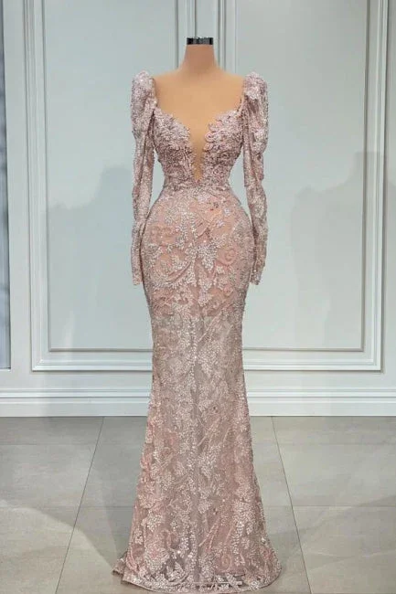 Comfortable Jeans Gorgeous Pink Long Sleeves Beading Appliques Mermaid Formal Party Dress,DP976