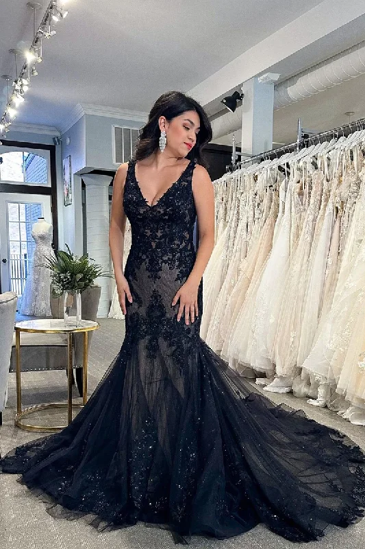 Casual Fit Wear Black V Neck Appliques Mermaid Prom Dress Formal Party Dress,DP965