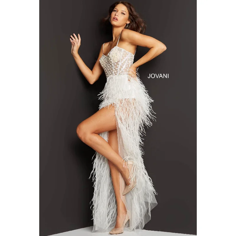 Light Fit Jovani 07591 Off White Feather Embellished Prom Dress 07591