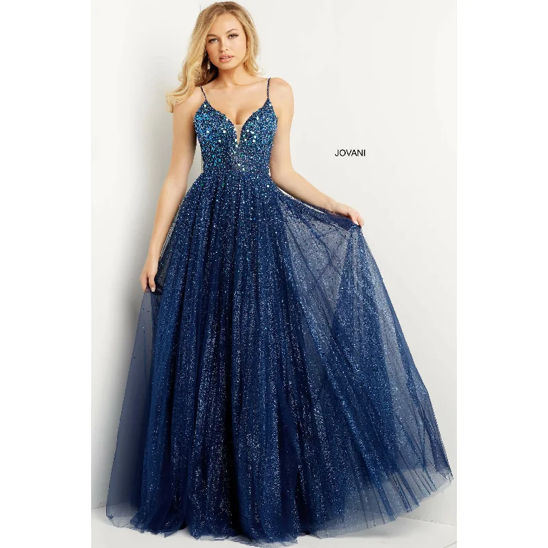 Casual Comfort Jovani Navy Spaghetti Straps Embellished Prom Ballgown 08408