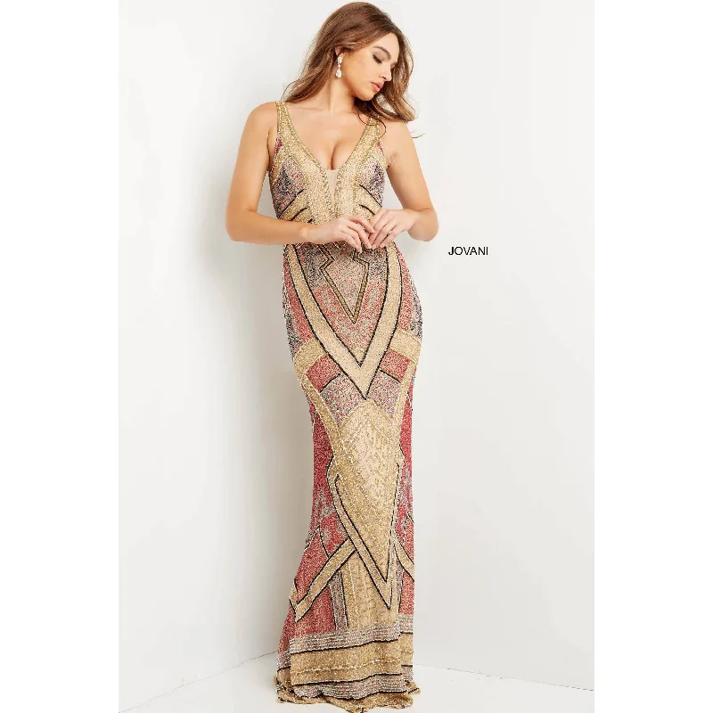 Comfortable Tops Jovani Nude Multi Embellished Plunging Neck Prom Dress 08445