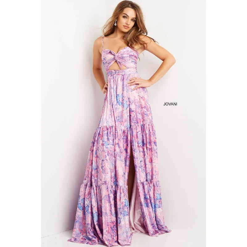 Relaxed Fashion Jovani Pink Multi Print Spaghetti Strap Prom Dress 08369