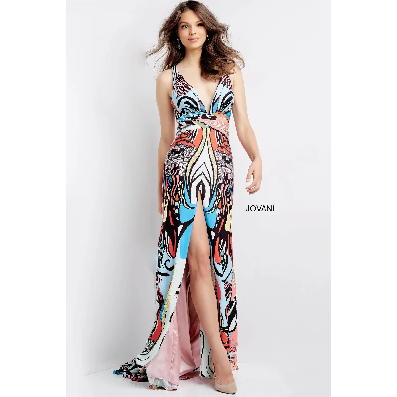 Modern Chic Jovani Print Plunging Neck Prom Dress 04986