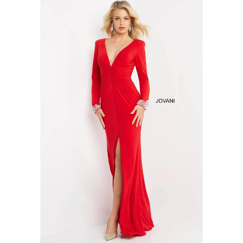 Soft Casuals Jovani Red Plunging Neck Long Sleeve Prom Dress 07320