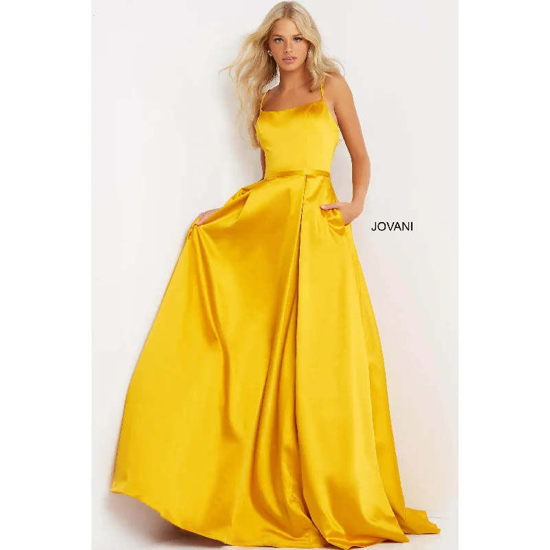 Soft Looks Jovani Yellow Satin A Line 2022 Prom Gown 02536