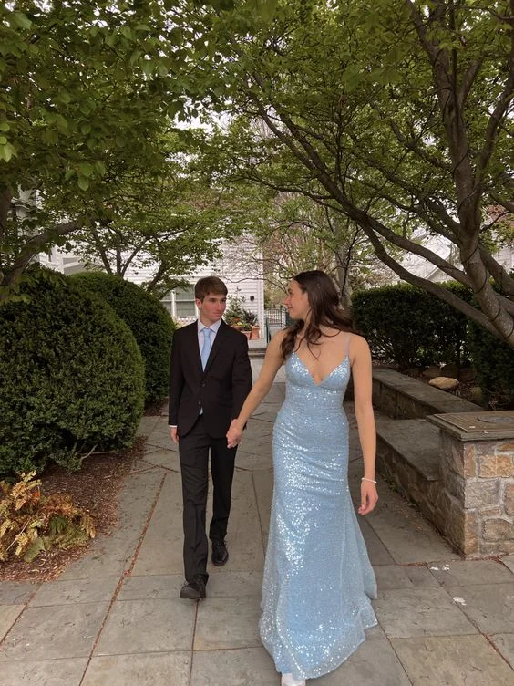 Basic Comfort Light Blue Sparkle Long Prom Dress Formal Party Dress,DP954