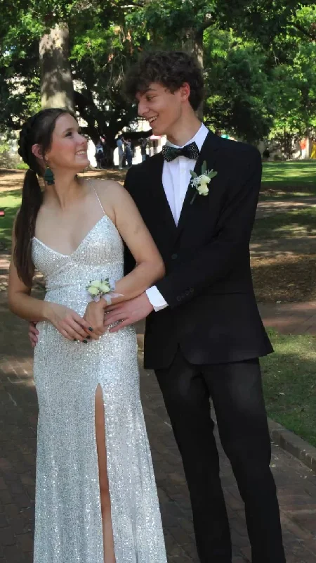Everyday Style Glitter Sequined Simple Long Prom Dress with Slit,DP944