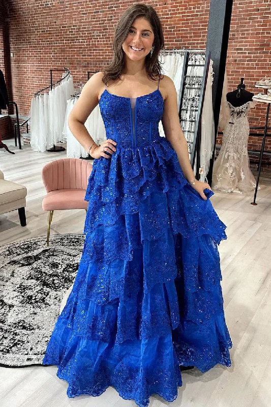Fashion Comfort Royal Blue Sequined A-Line Tulle Lace Tiered Long Prom Dress,DP982