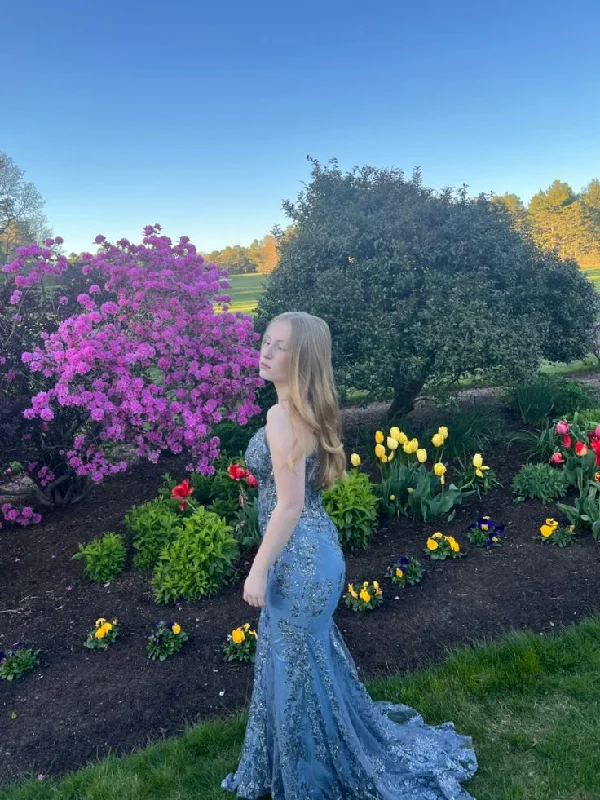 Stylish Wear Blue V Neck Sequined Mermaid Long Prom Dress,DP950