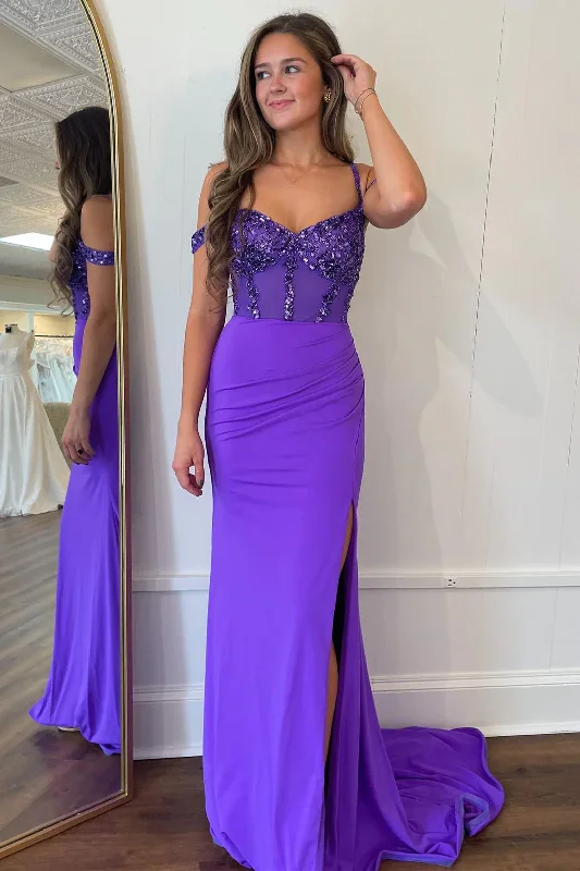 Effortless Dressing Purple Off Shoulder Beading Long Prom Party Dress with Slit,DP986
