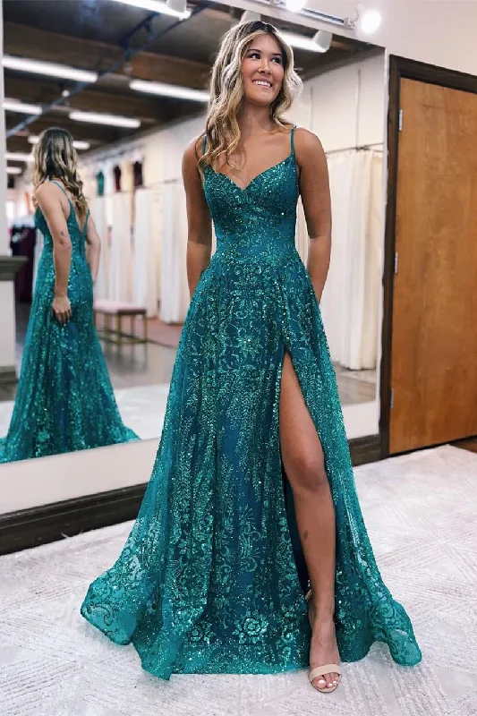 Timeless Style Green A-Line Straps Sparkle Long Prom Dress with Slit,DP973