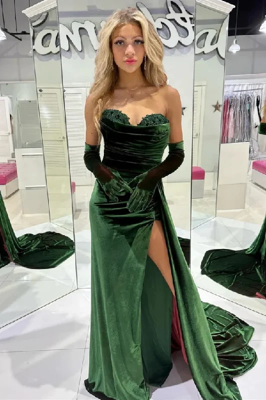 Stylish Ease Emerald Green Sweetheart Strapless Velvet Long Prom Party Dress with Slit,DP987