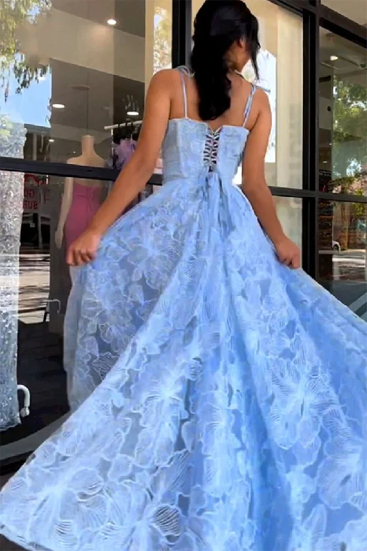 Soft Knitwear Blue Floral Lace A-Line Spaghetti Straps Long Prom Dress,DP979
