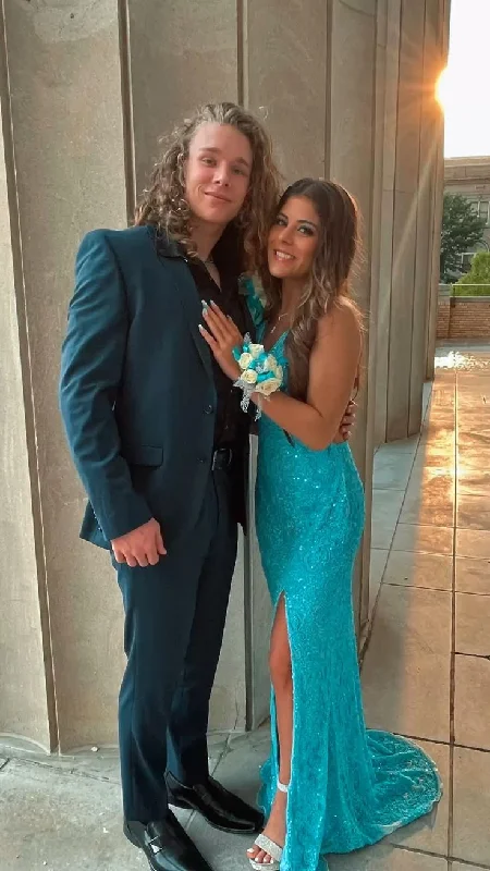 Casual Comfort Blue Sequined Backless Prom Dress with Slit,DP940