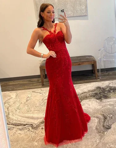 Cozy Vibes Charming Red Mermaid Backless Tulle Long Prom Dress,DP956