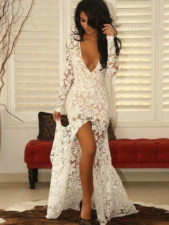 Comfortable Fashion White Deep V-neck Long Sleeves See Through Long Prom Dress,DP951