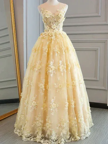 Easy Fashion Yellow Sheer A-Line Appliques Tulle  Long Prom Dress,DP960