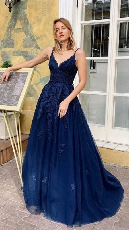 Comfortable Sweaters Navy Blue Spaghetti Straps A-Line Tulle Long Prom Dress with Appliques,DP981