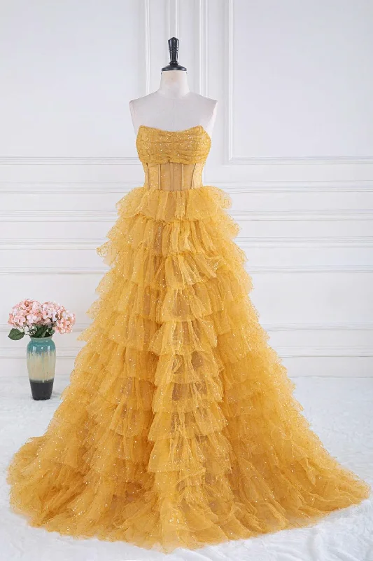 Weekend Comfort Wear Yellow Strapless Tulle Layered A-Line Prom Dress,DP963