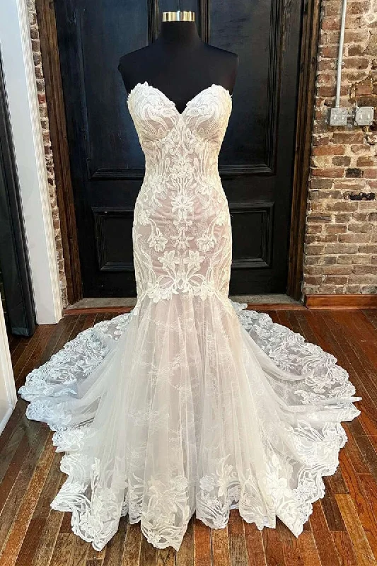 Comfy Chic Wear Ivory Sweetheart Tulle Appliques Mermaid Prom Dress Wedding Dress,DP964